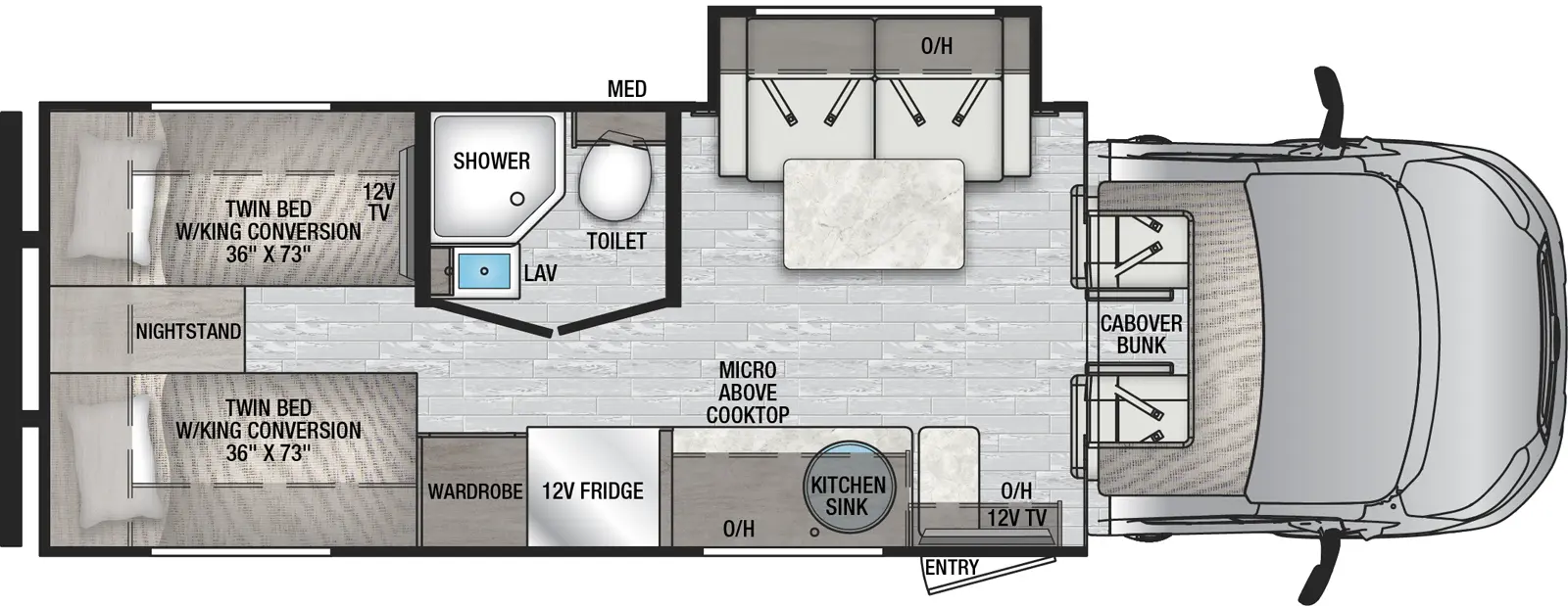 The Alita 23TK floorplan has one entry and one slide out. Exterior features include: 16' awning. Interiors features include: bunk over cab.